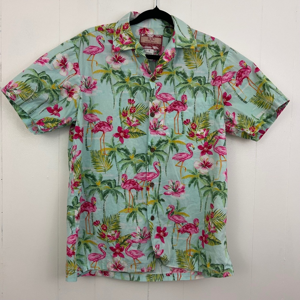 RJC Hawaiian Shirt Mens Small Mint Green Pink Flamingo Palm Tree Made in Hawaii